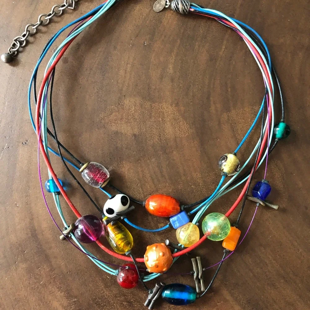 Multicolored beads and multicolored cords on this fun necklace, 17” long - Picture 4 of 9